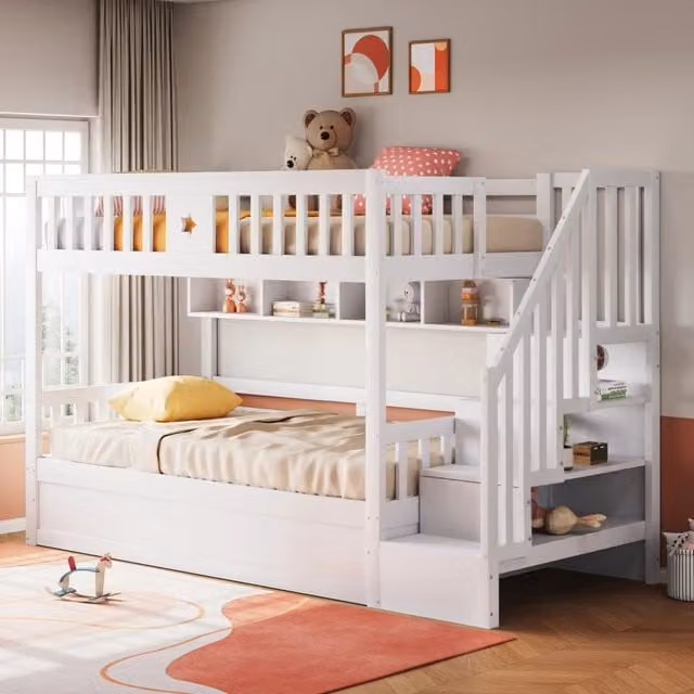 Letto a castello Mivray bianco con base contenitore a sollevamento, scala con gradini e mensole integrate, L/P/H: 90 x 200 x 151 cm