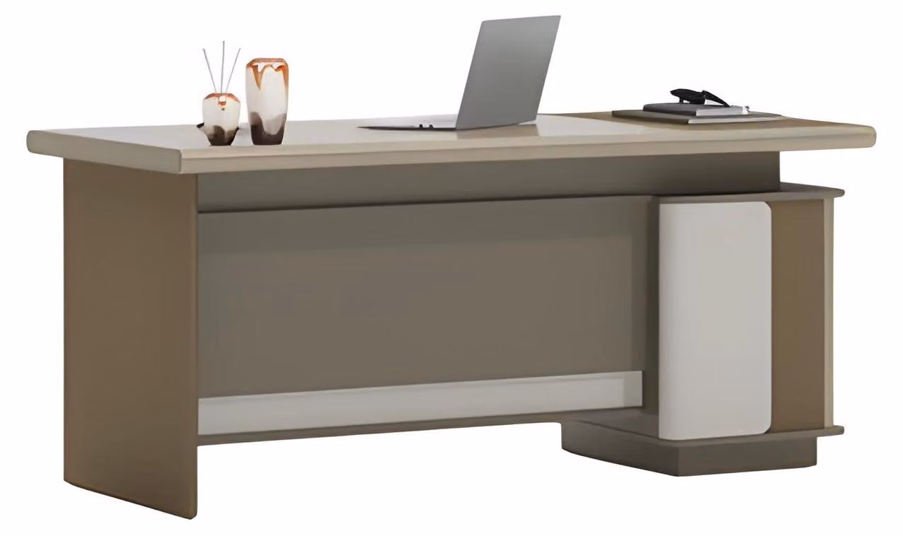 Schreibtisch Beige und Grau mit Schubladen und Ablage für Bürodesign und Ordnung