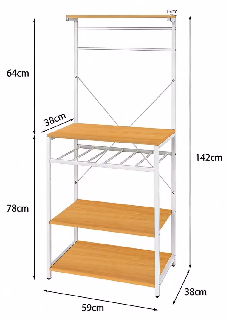 Scaffale da cucina - Scaffale per microonde - 4 ripiani - Ganci a S - Struttura in metallo - Ripiani in legno - Facile da montare - Stile industriale - Legno naturale