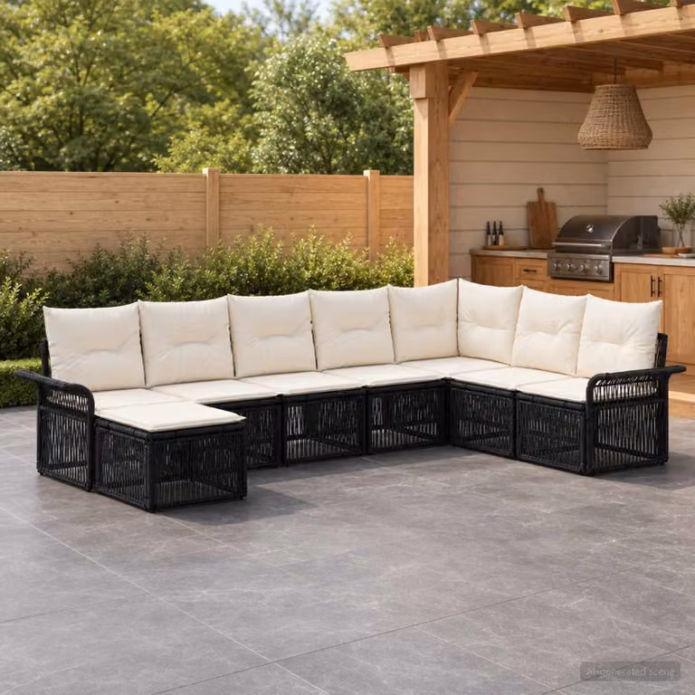 Set Divano da Giardino vidaXL 8 pz Nero con Polyrattan e Cuscini Imbottiti