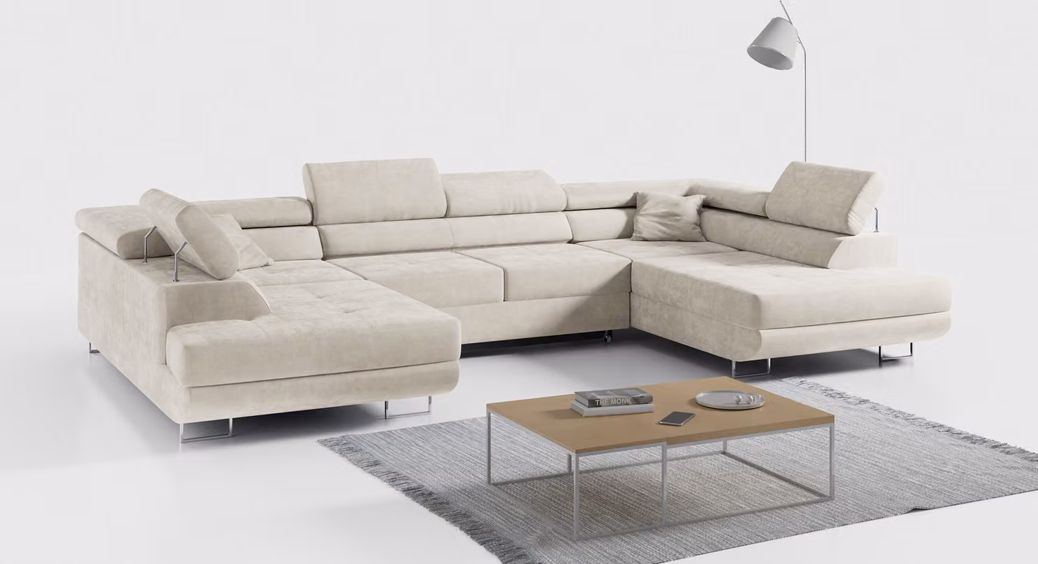 Divano ad angolo, divano da salotto, divano imbottito con contenitore - GUSTAW-U - Beige