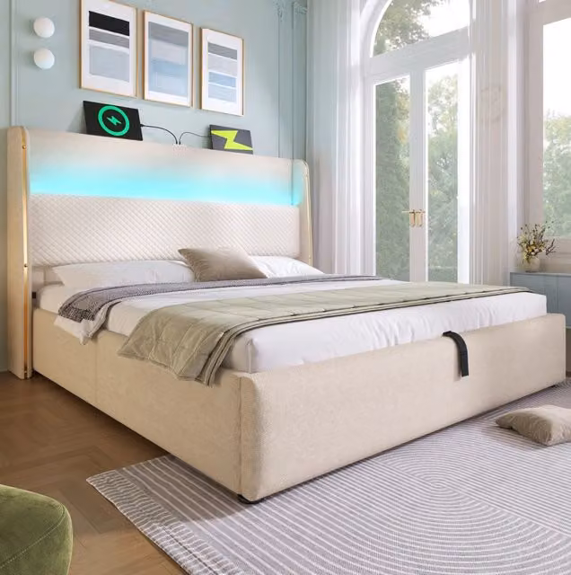 Letto idraulico 160x200 cm beige con materasso H3, LED, USB e Type-C