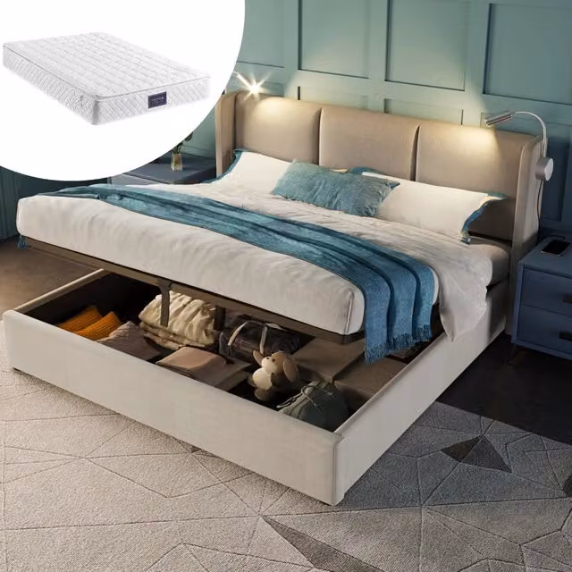 Letto matrimoniale imbottito ULEVR 160x200 cm con contenitore idraulico, luce da lettura e ricarica USB, beige