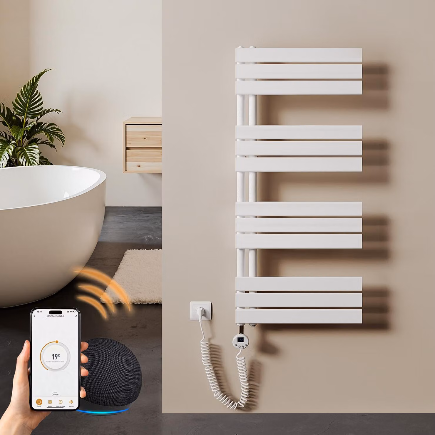 S'AFIELINA 1041x500mm Scaldasalviette elettrico bagno WiFi, termoarredo con termostato, programmabile, LCD, 600 W, asciugamani a basso consumo, bianco