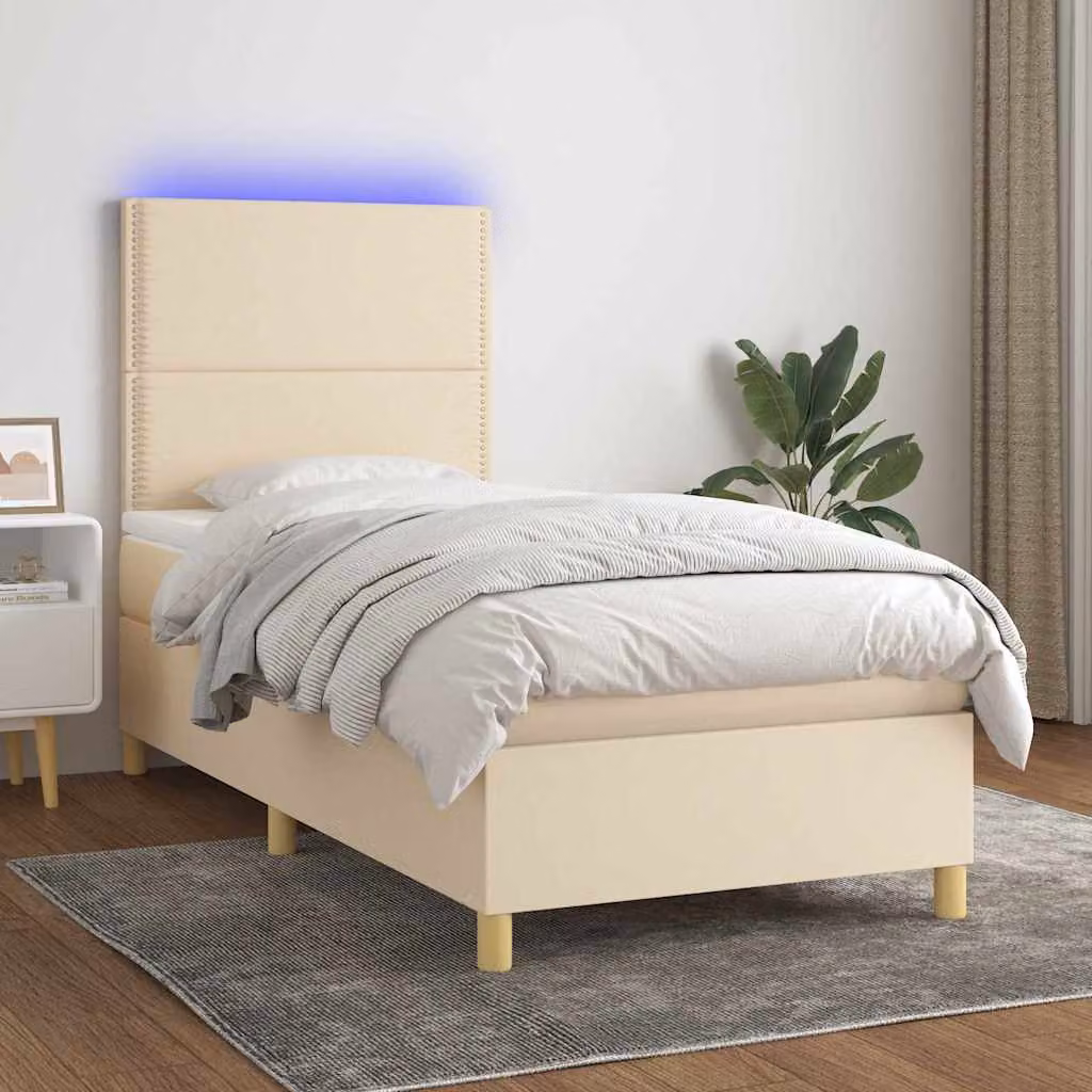 Letto a molle con materasso ibrido vidaXL con illuminazione LED e porta USB, colore beige e bianco, L/P: 90 x 190 cm