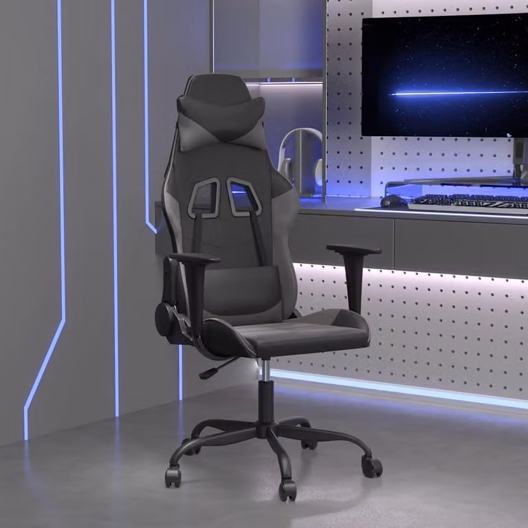 Sedia da Gaming vidaXL Nera e Grigia in Similpelle con Poggiatesta e Ruote