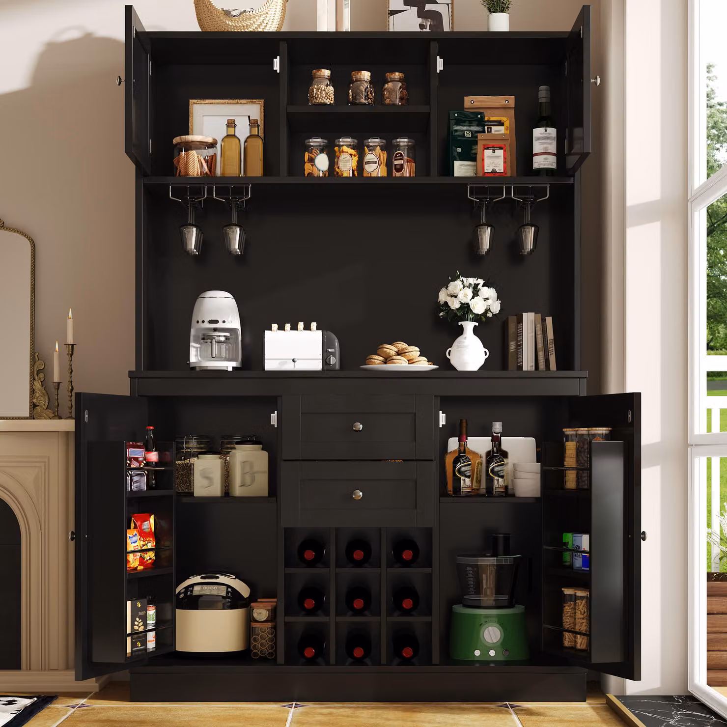 Mobiletto da cucina 120x40x188 cm in MDF, pensile da cucina nero con 4 ante, 2 cassetti, ripiani regolabili e portabottiglie
