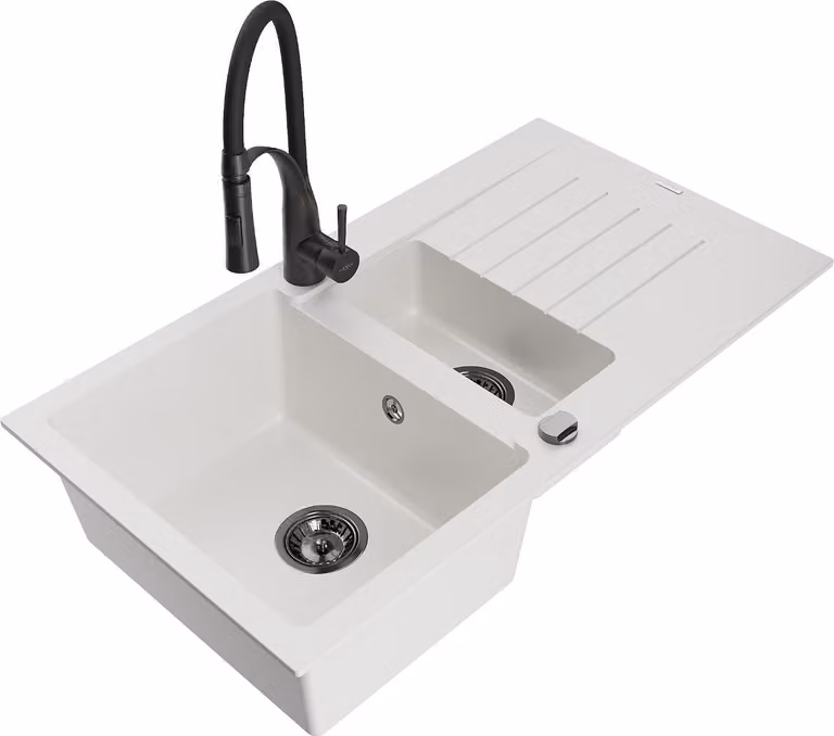 Mexen Matias lavello in granito a 1,5 vasche con sgocciolatoio e miscelatore cucina Aster, bianco - 6502-20-73450-70-B