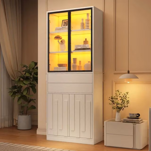 Vetrina 70x34x180 cm con illuminazione LED Bluetooth regolabile tramite app in truciolato bianco