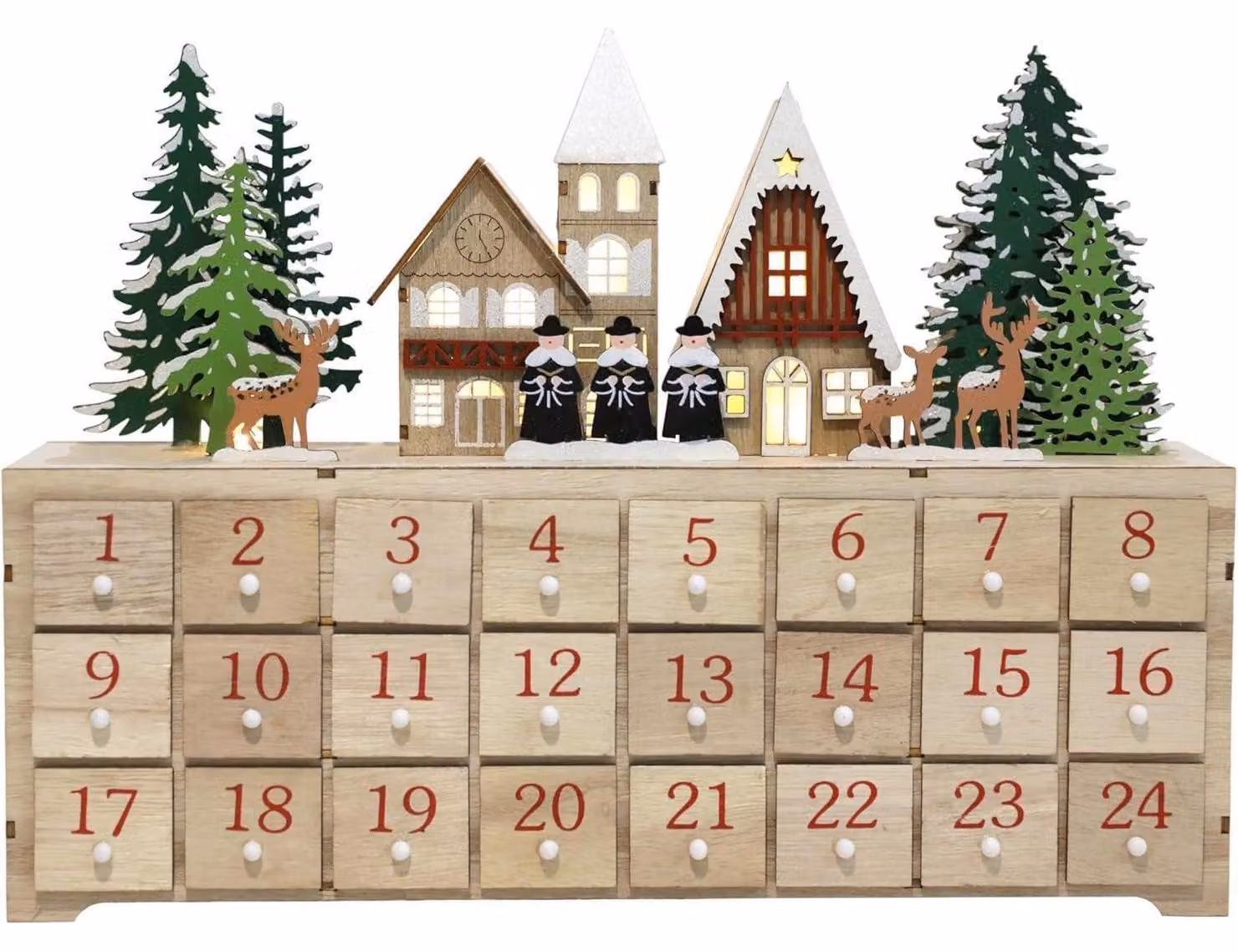 Calendario dell'Avvento in legno, da riempire, con luci LED e 24 cassetti, dimensioni 37,5x8x27 cm