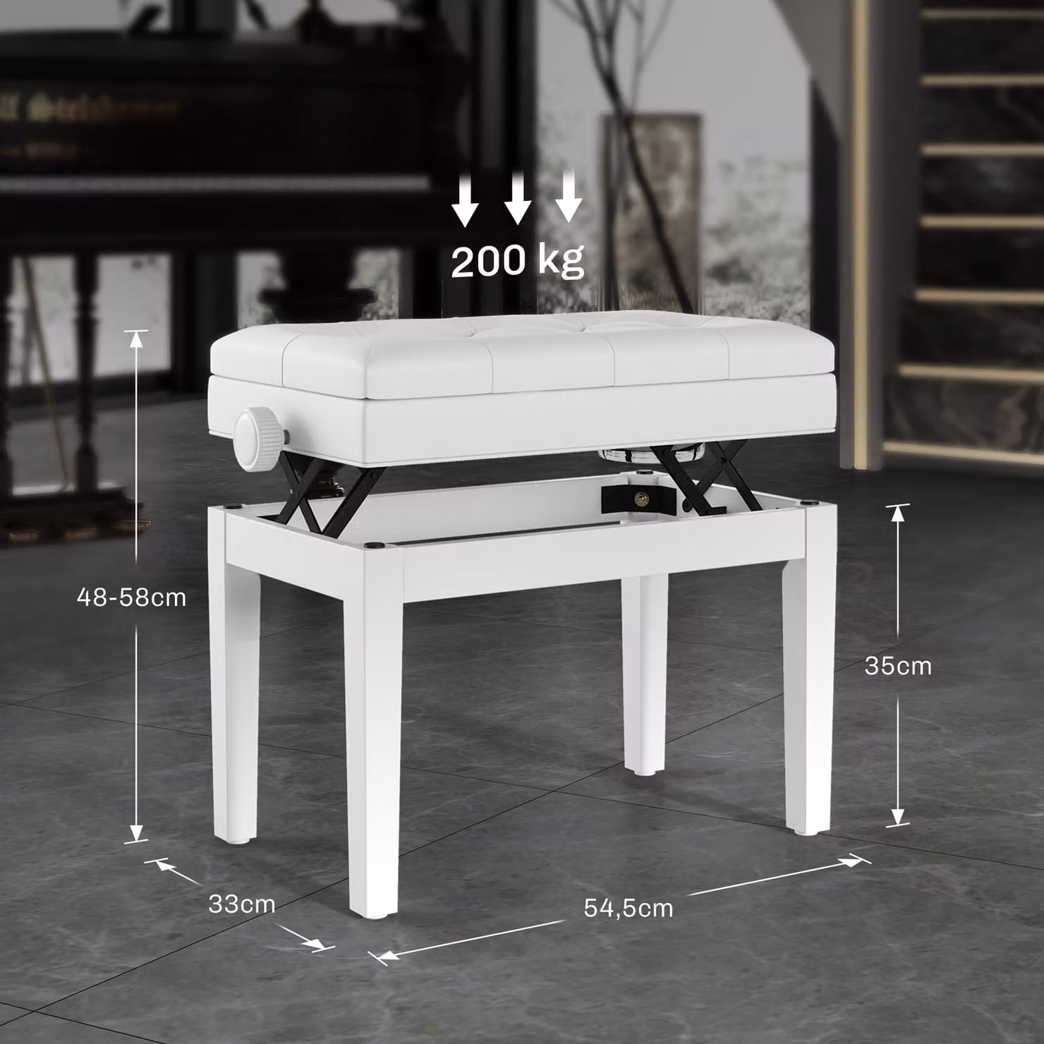 Panca per pianoforte HOMCOM regolabile in altezza con vano portaoggetti, gambe in legno e rivestimento in ecopelle