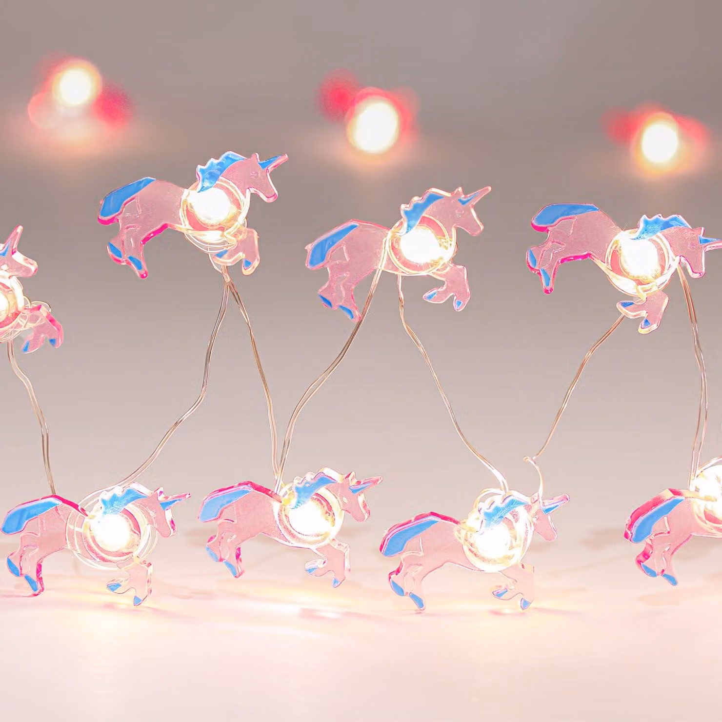 Catena luminosa a forma di unicorno, 2 metri, 20 LED, rosa, filo di rame, alimentazione a batteria