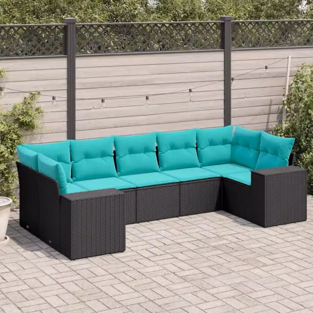 Set di divani da giardino a L vidaXL con 7 pezzi e cuscini, design moderno in rattan e metallo, nero, blu o turchese