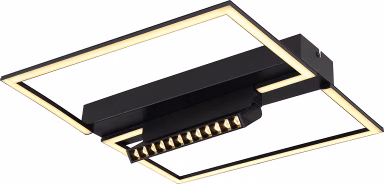 Lampada da soffitto Globo, metallo nero opaco, alluminio nero opaco, plastica opale, plastica nera, con diverse intensità controllabili tramite interruttore a parete, funzione di memoria, ulteriori caratteristiche: riflettore orientabile centrale, dimensi