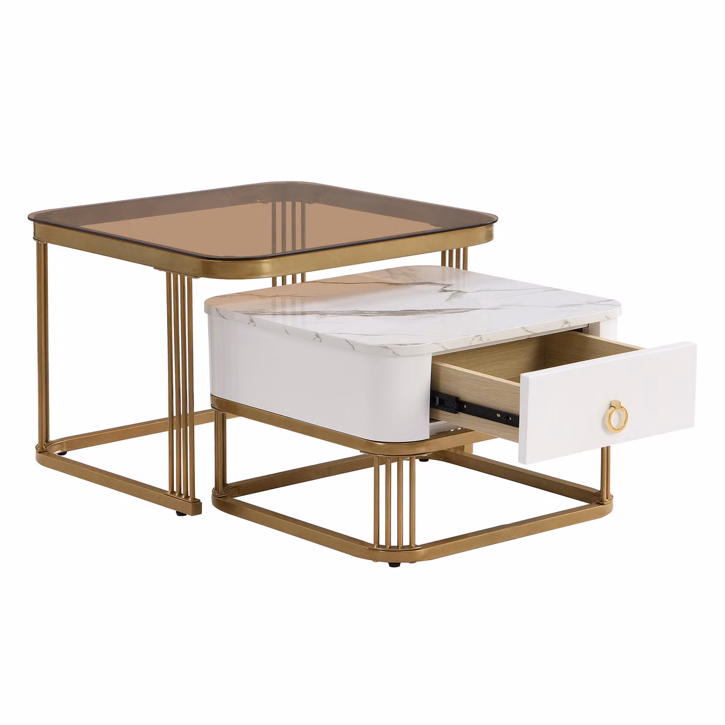 Set di due tavolini da salotto impilabili GL Store in marmo lucido e vetro bianco con dettagli dorati e cassetti, L/P/H: 60 x 60 x 42,5 cm e L/P/H: 50 x 50 x 34 cm – 2