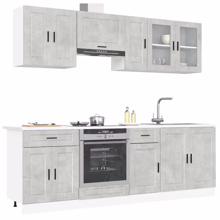 Set di mobili da cucina moderno vidaXL composto da 8 pezzi in colore grigio con ante in vetro e cassetti