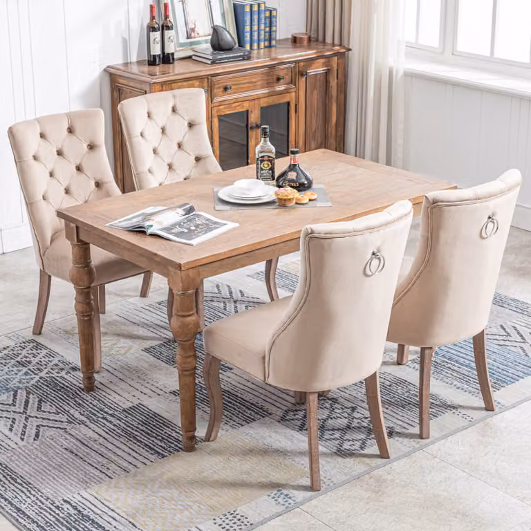 Sedia da pranzo okwish (set da 4 pezzi): sedia a quattro gambe, schienale alto, struttura in legno massello, velluto beige