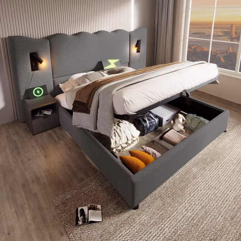 Letto imbottito STILVORA matrimoniale 160×200 cm con lampada da lettura e funzione di ricarica USB Type-C, letto con contenitore dotato di rete a doghe in legno massello e metallo, colore lino, grigio (materasso escluso)