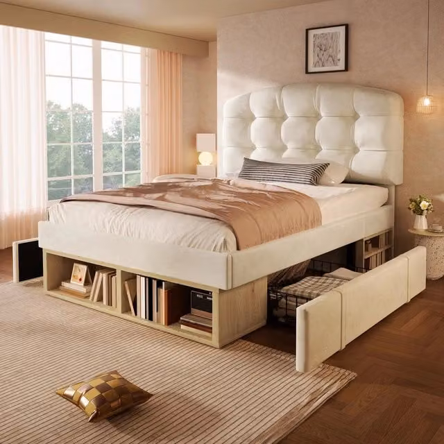Letto singolo 90x200 - Zephmum - Beige velluto - Testiera regolabile, cassetti e spazio di archiviazione