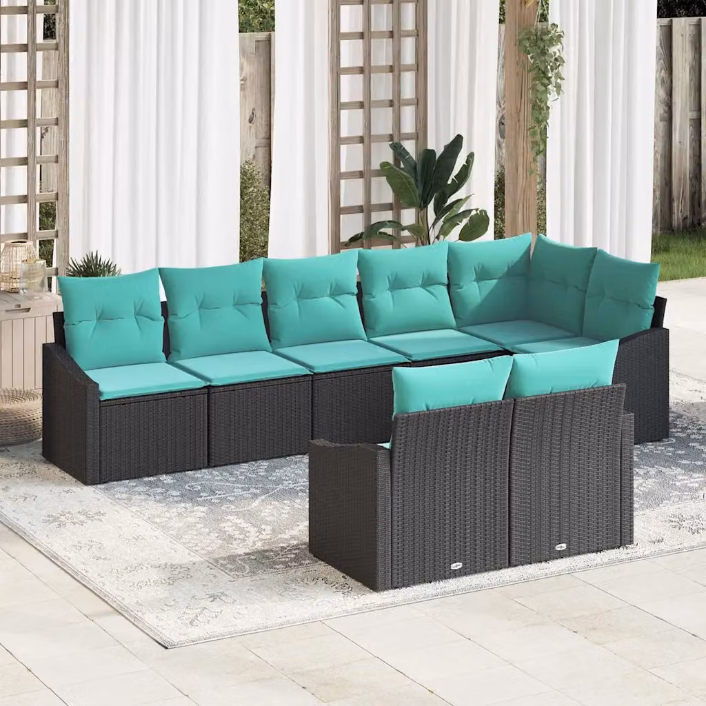 Set di divani da giardino vidaXL 8 pezzi in rattan nero con cuscini turchesi e struttura in acciaio resistente alle intemperie