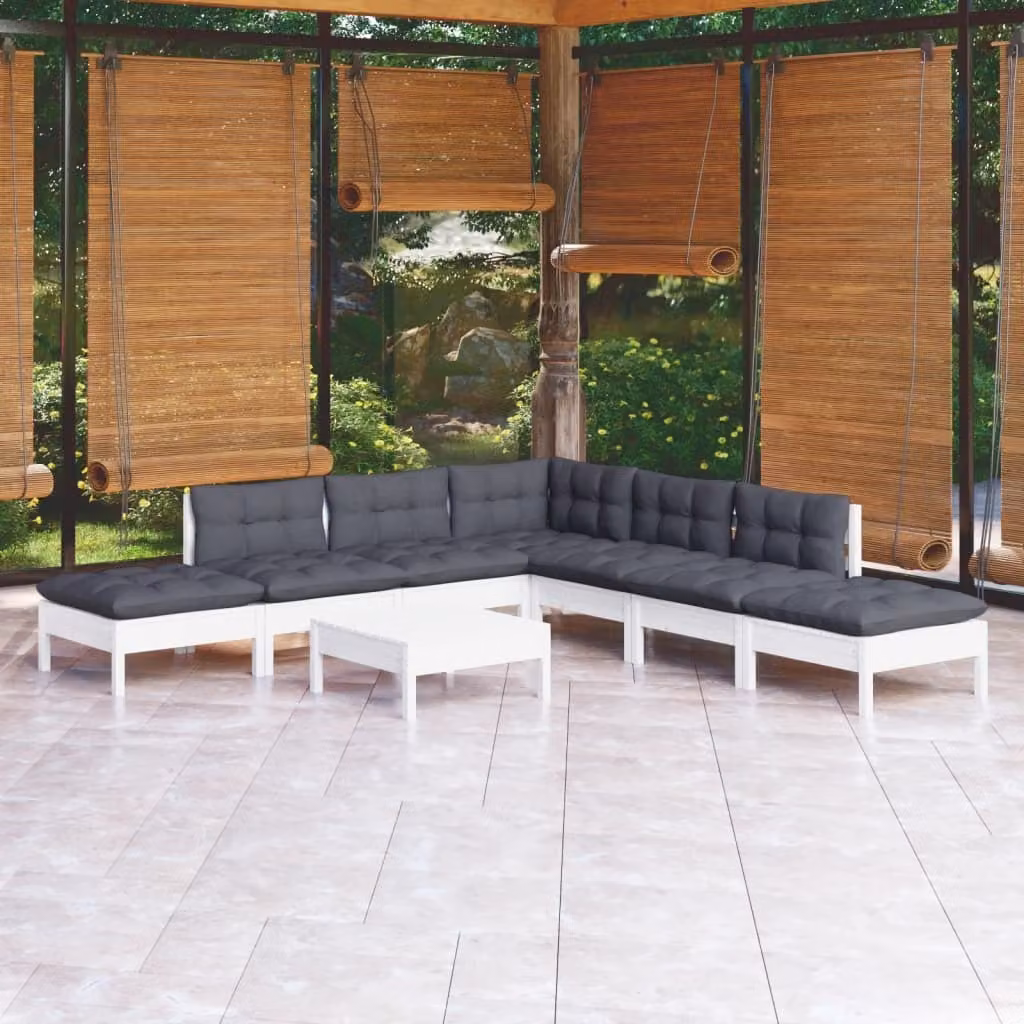 The Living Store Set da giardino 8 pezzi con cuscini in legno di pino bianco