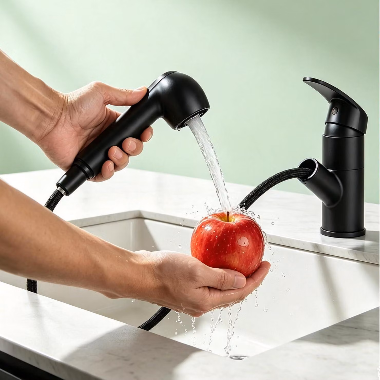 Miscelatore da cucina nero, estraibile, con 2 getti spray, rotazione a 360°, in acciaio inossidabile