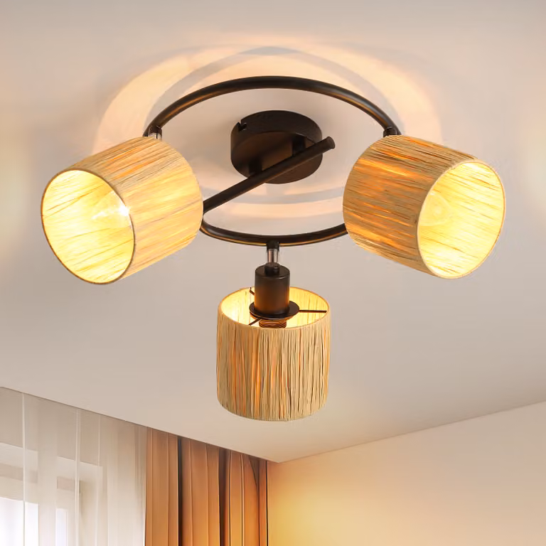 ZMH Faretto da soffitto a 3 fiamme Lampada da soffitto per corridoio Faretto d'epoca per interni Rotondo E14 Nero Naturale Carta punti soffitto 350°Giranti per camera da letto Soggiorno (senza lampadina)