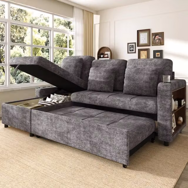 Divano letto MIVRAY a 3 posti con chaise longue estraibile e vano contenitore in ciniglia grigio, L/P/H: 201,3 x 86,1 x 126,1 cm