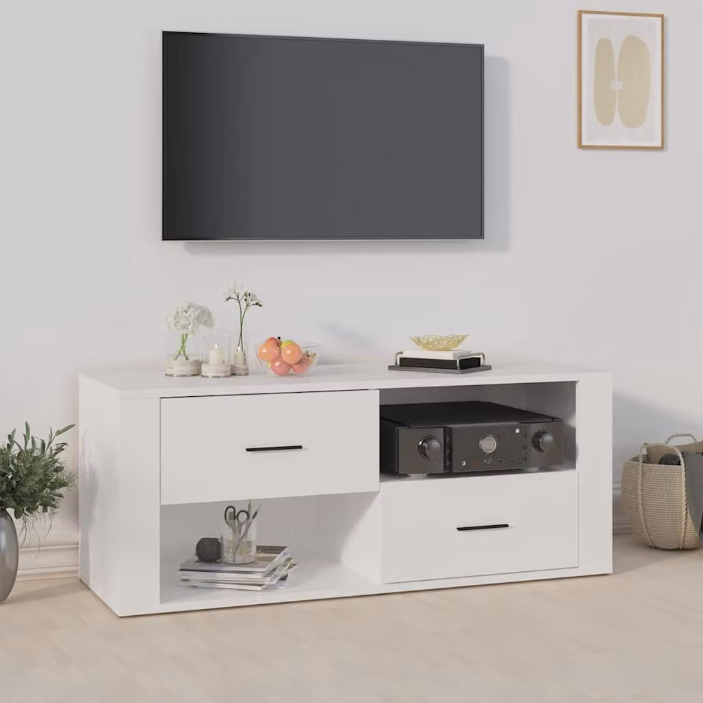 vidaXL Mobile Porta TV Bianco in Legno e MDF con Ruote, Stile Rustico, L 100 cm x P 35 cm x H 40 cm