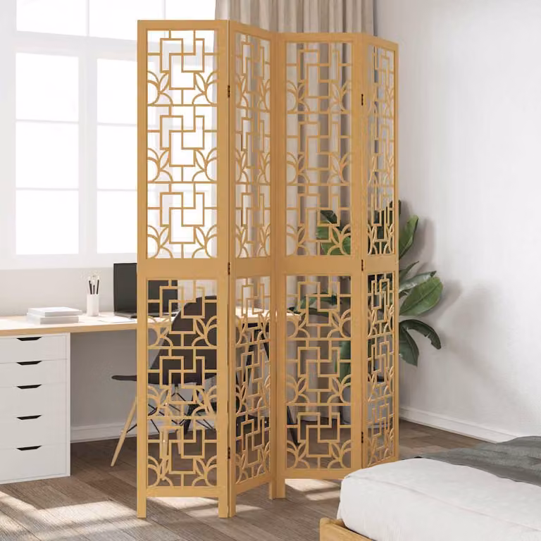 Divisorio Ambienti vidaXL con 4 Pannelli in Legno Massello di Paulownia Marrone con Design Geometrico Moderno H: 175 cm x L: 145 cm x P: 4 cm