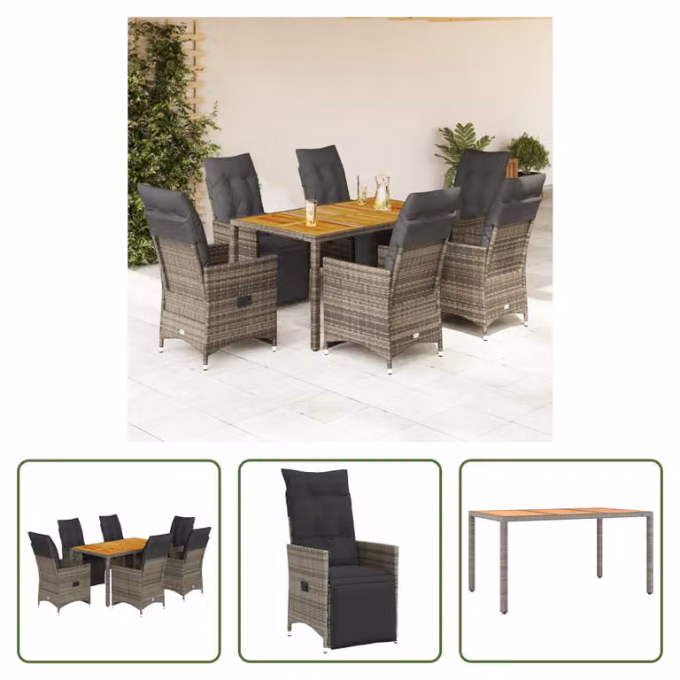 The Living Store Set bistrot da giardino 7 pezzi con cuscini in poly rattan grigio