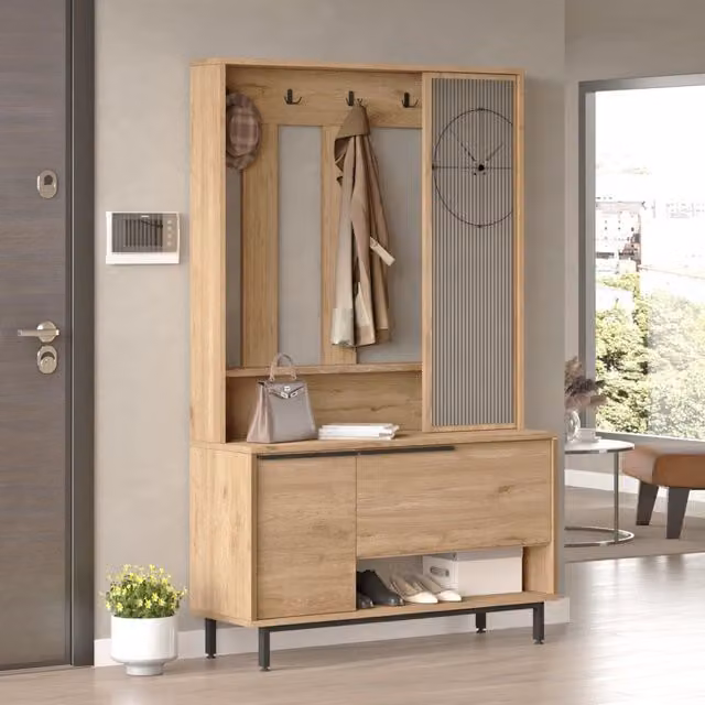 Mobile da Ingresso Vesanto en.casa con Panca e Specchio - Effetto Rovere e Nero - L: 112 cm, H: 178 cm, P: 35,5 cm