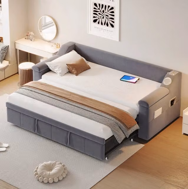 Divano Letto Imbottito in Velluto Grigio con Bluetooth e USB, 90x190 cm Estensibile a Letto 180x190 cm