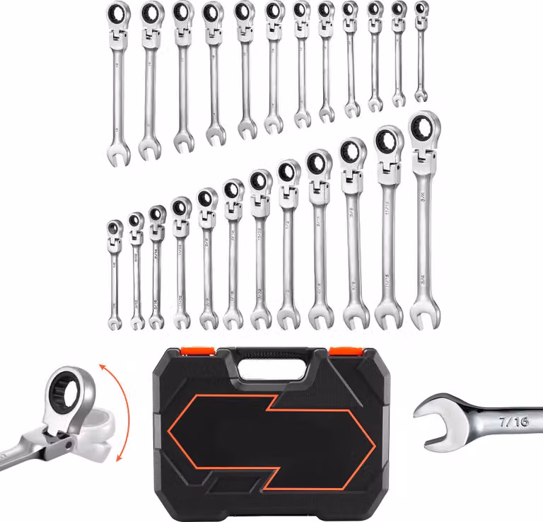 Set di chiavi a cricchetto con testa flessibile SucceBuy, 24 pezzi (metrico e SAE) con meccanismo a 72 denti, chiavi ad anello resistenti in acciaio al cromo-vanadio con pratica valigetta di conservazione, ideali per lavori di bricolage e manutenzione dei