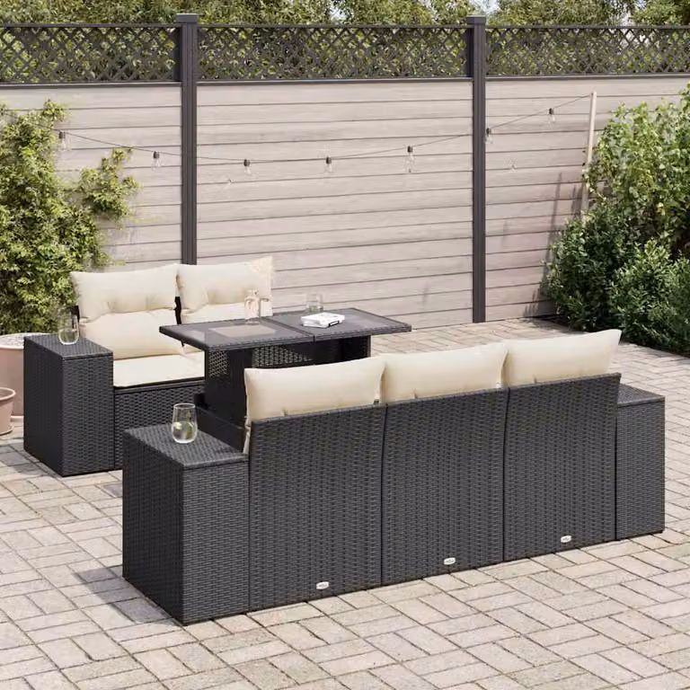 Set Divano da Giardino vidaXL 6 pz in Polyrattan Nero con Cuscini e Tavolino da Esterno a Forma di L