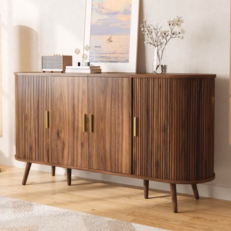 Mobile contenitore MODFU con ante scorrevoli, dimensioni 150x40x79 cm, mobiletto con superficie scanalata e listelli maniglia, armadio in MDF per sala da pranzo e ingresso, finitura noce
