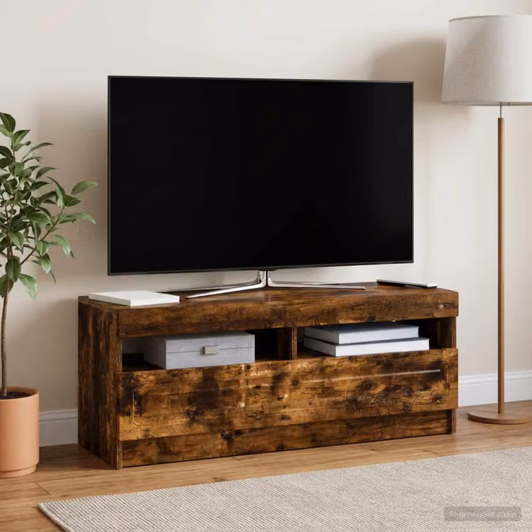 Mobile TV stand vidaXL in legno ingegnerizzato rovere fumo marrone con illuminazione integrata e scomparti multimediali L: 100 cm, P: 35 cm, H: 40 cm