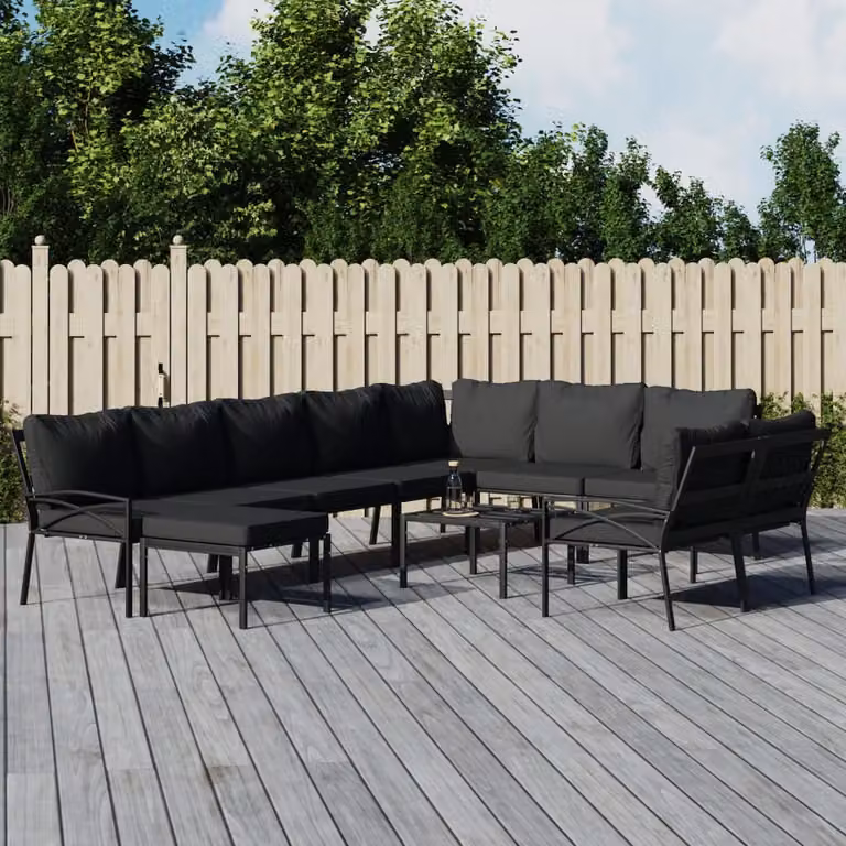 Set di mobili da giardino vidaXL composto da 11 pezzi in metallo nero con cuscini grigi per esterni e terrazzi