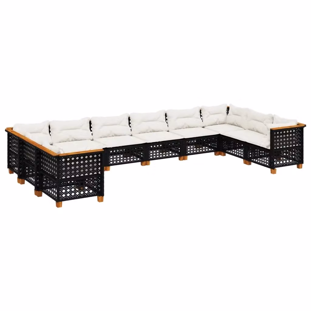 Set di Divani da Giardino vidaXL in Polyrattan e Legno di Acacia con Cuscini Imbottiti, Nero e Bianco – 2