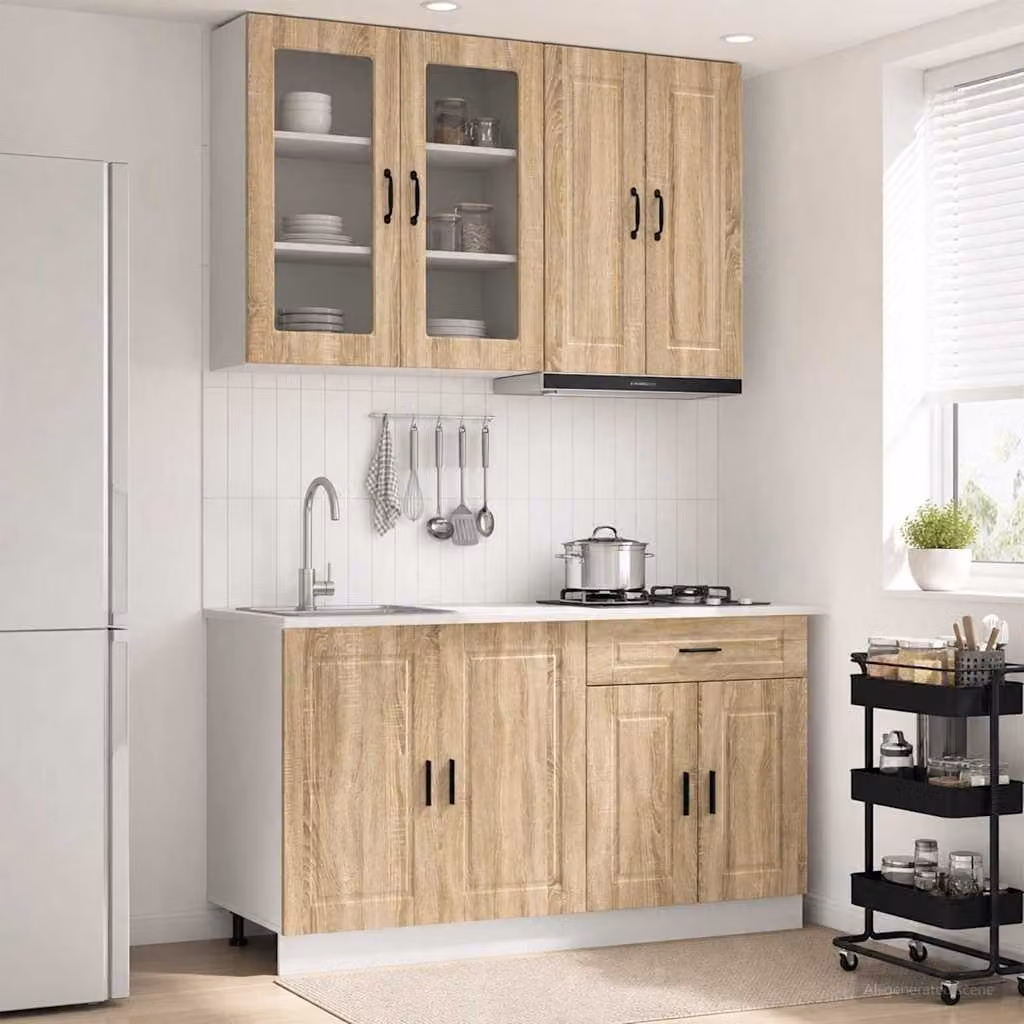 Set di mobili da cucina vidaXL PORTO in legno ingegnerizzato Rovere Sonoma marrone con ante in vetro, 4 pezzi
