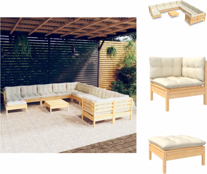 vidaXL set da salotto da giardino 12 pezzi con cuscini crema in legno di pino - Set di mobili da giardino