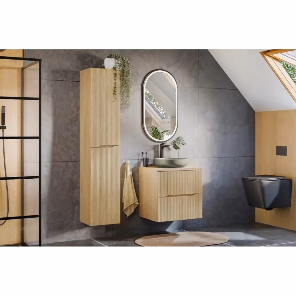Set bagno Meublorama Natura composto da mobile sottolavabo, piano, lavabo da appoggio rotondo verde e colonna, H: 95 cm, L: 60 cm – 2