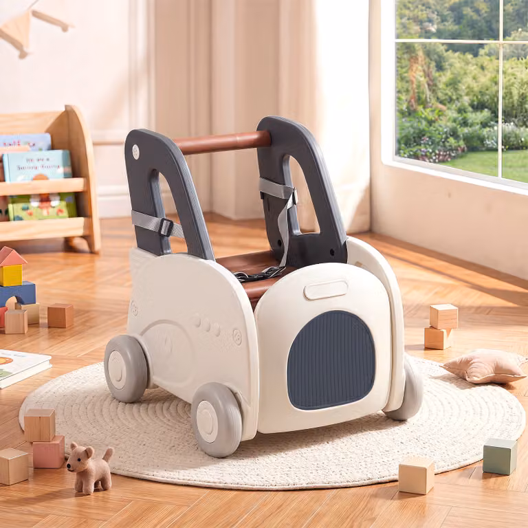 Girello primi passi Costway per bambini con 4 ruote, seduta pieghevole e contenitore portagiochi, carrellino per cavalcare e camminare, bianco e multicolore