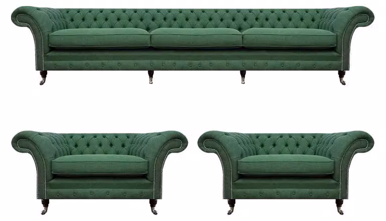 Wohnzimmer Chesterfield Garnitur Grüner 3-Sitzer 2x Sessel 3tlg Edel Set