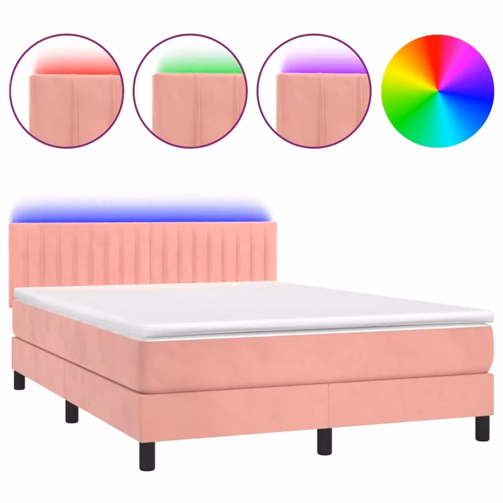 Letto a Molle con Materasso e LED vidaXL in Velluto Rosa, L/P/H: 140 x 200 cm – 2