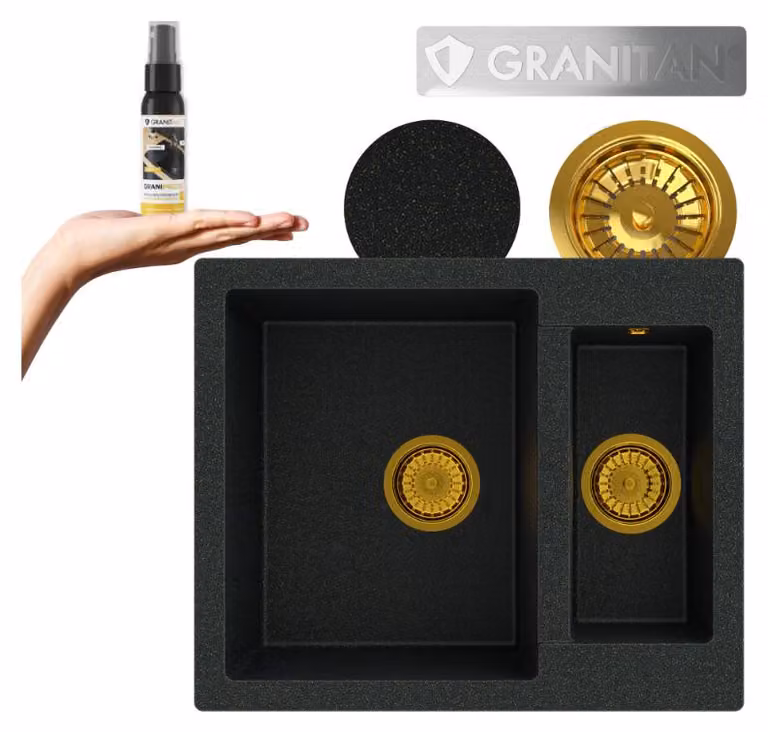 Granitan - Lavello in granito - Lavandino 60x49,5 cm - Lavello nero-oro - con impregnante - KOS