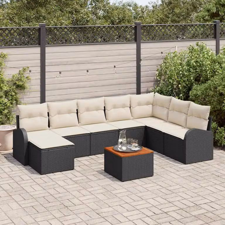 Set Divano da Giardino a L vidaXL 9 Pezzi Nero con Cuscini e Tavolino in Polyrattan e Acciaio