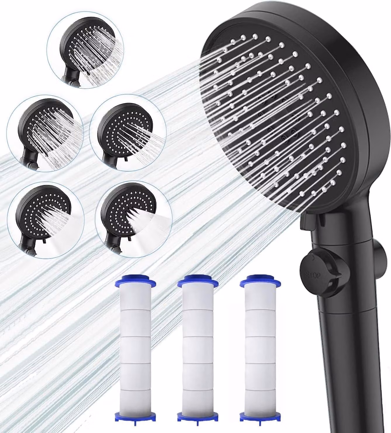 Rubinetto doccia anticalcare con filtro - Doccetta con tecnologia a risparmio idrico e alta pressione, 5 diverse modalità di erogazione - Doccetta manuale con pulsante di arresto