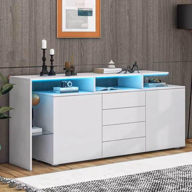 Credenza moderna WISHDOR bianca lucida con LED, 2 ante, 4 cassetti e vano in vetro, L: 160 cm, P: 35 cm, H: 70 cm
