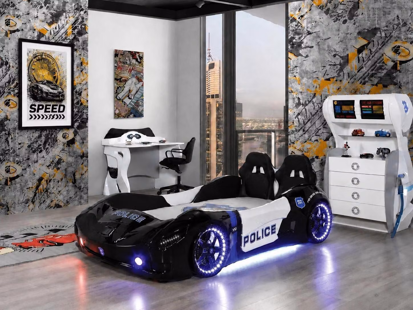 Polizia, auto da corsa, lampada a LED, scrivania, comodino, colore nero
